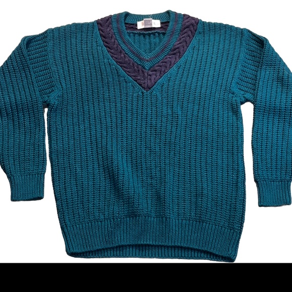 90s preppy blue striped tennis sweater Cable Knit Turquoise VNeck MEN Lg College - Picture 1 of 12